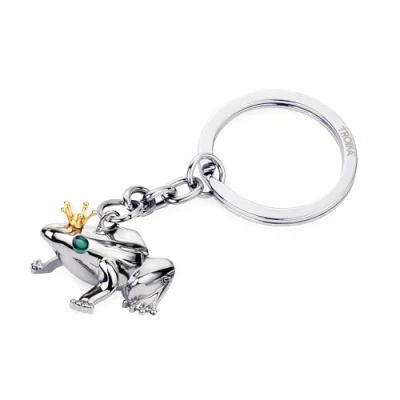 Image of Troika Keyring, frog with crown FROSCHKÖNIG cast metal chrome plated gold coloured, green, silver coloured Original