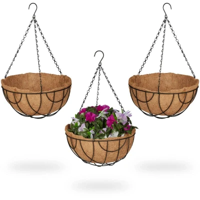Image of Relaxdays Hanging Basket, Set of 3, Hook, Coconut Fibre Liner, H x D: 50 31 cm, Metal, Brown/Black