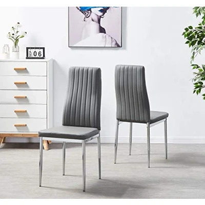 Image of FURNIZONE MONZA DINING CHAIRS SET OF 2 FAUX LEATHER WITH CHROME METAL LEGS (Grey)