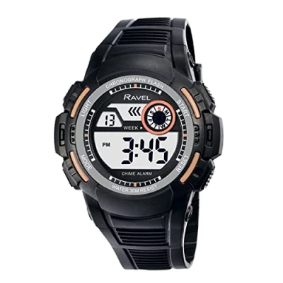 Image of Ravel Mens Round 3ATM Digital Quartz Watch with Light RDG.14.12 Black/Rose Gold Colour