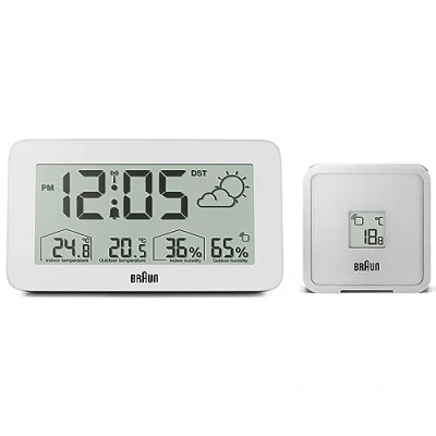 Image of Braun Digital Radio Controlled Weather Station for Central European Time Zone (DCF) Clock with Temperature and Humidity Forecast, LCD display, Quick set, Crescendo Beep Alarm, White, Model BC13WP DCF.