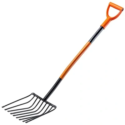 Image of KADAX Long Handled Potato Fork, Stone Fork Made of Durable Steel, with D Handle, Spade Pitchfork, Beet Hay Garden (9 Prongs, Black/Orange)