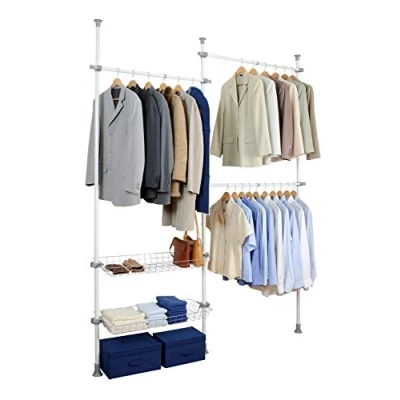 Image of WENKO 50611100 Telescopic clothes rack system Herkules Duo adjustable organisation system, coat Steel, 164 215 x 165 300 38 cm, White