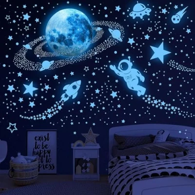 Image of 531Pcs Glow in The Dark Stars and Planet Wall Stickers,Galaxy Astronaut Rocket Spacecraft Alien Decoration,Planet Decals,Bright Solar System Stickers for Kids, lanets Spaceship Blue