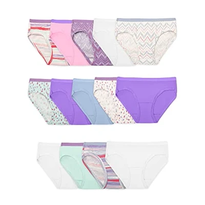 Image of Fruit of the Loom Girls&#039; Cotton Hipster Underwear Panties, Assorted (14 Pack), 16