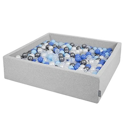 Image of KiddyMoon Soft Ball Pit Square 120X30cm/200 Balls ∅ 7Cm / 2.75In For Kids, Foam Pool Baby Playballs Children, Made In EU, Light Grey:Pearl Blue Babyblue Transparent