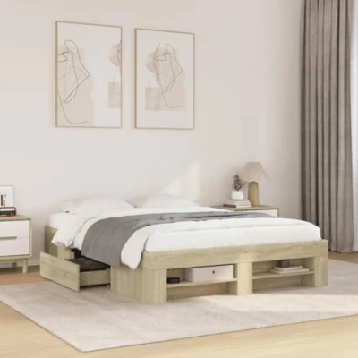 Image of vidaXL Bed Frame 120x190cm Small Double Engineered Wood Sonoma Oak Modern Storage Function, Slatted Base, 193x123x33cm