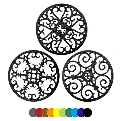 Image of IYYI Silicone Trivet Mat 7.87&quot; Multi Use Hot Pads Round Pot Holders Heat Resistant Non Slip Flexible Durable for Dishes,Countertops,Tables Set of 3 (black)