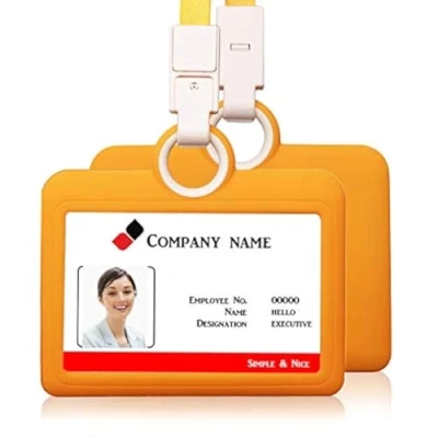Image of Badge Holder ID Card Horizontal with Lanyard Silicon Neck Strap Heavy Duty Business Offices Supplies Yellow
