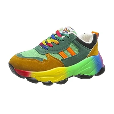 Image of Rainbow Shoe Trainers for Women,Lightweight Colorful Sports Shoes Street Fashion Thick Sole Running Lace up Sneakers (Color : Green, Size 7 UK)