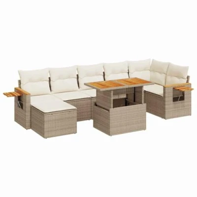 Image of vidaXL 8 piece garden sofa setbeige poly rattan with acacia wood/framestorage seatscushions includedmodular patio/lounge furniture