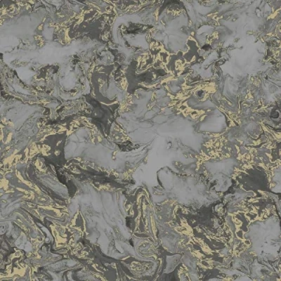 Image of Metallic Ripple Liquid Marble Swirl Charcoal Grey Gold Shimmer Wallpaper