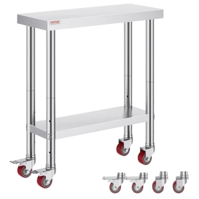 Image of VEVOR Stainless Steel Catering Work Table 30x12 Inch Commercial Kitchen with 4 Wheels Food Prep Workbench Flexible Adjustment Shelf for