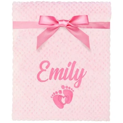 Image of TeddyT&#039;s Personalised Embroidered Baby Girl&#039;s Footprint Pink Fluffy Waffle Blanket
