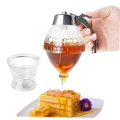 Image of Lankater Honey Dispenser Drip Glass Maple Syrup Comb Shaped Pot Jar with Stand