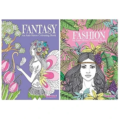 Image of Squiggle Anti Stress Adult Colouring Books, Fantasy &amp; Fashion Set of 2