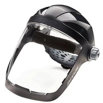 Image of Jackson Safety 14220 Quad 500 Premium Multi Purpose face shield/Face Guard; Ratcheting Headgear, Clear Tint, Anti Fog Coating, visor protection, Black