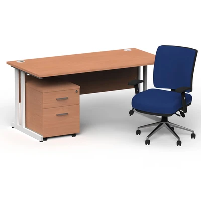 Image of Impulse 1800 White Cant Desk Beech + 2 Dr Mobile Ped &amp; Chiro Blue