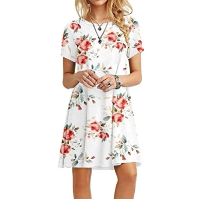 Image of MOLERANI Summer Dresses for Women UK Casual T Shirt Dress Short Sleeve Ladies Beach (L, Rose White)