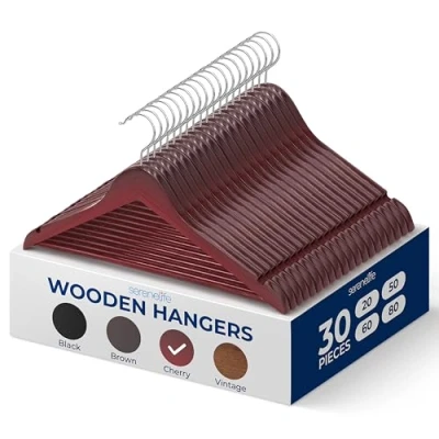 Image of 30 Pieces Wood Hangers Space Saving Heavy Duty Slim Suit Clothes Hanger Set with 360 Degree Swivel Metal Hook, Can Hold Up to 10 Lbs. For Coats, Jackets, Pants &amp; Dress (Cherry)