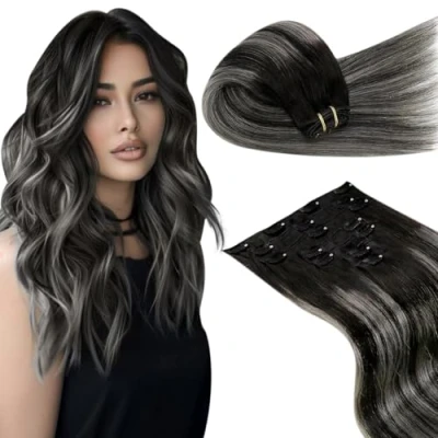 Image of LaaVoo Clip in Hair Extensions Real Human 16 Inch 7pcs 120g Black with Natural Silver Seamless Remy #1b/s/1b