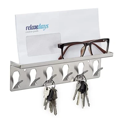 Image of Relaxdays Key Holder, Board, with Shelf, 6 Hooks, Modern Design, HxWxD: 7 x 24.5 5 cm, Home, Decoration, Wall, Silver, Stainless Steel