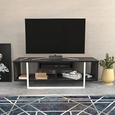 Image of DECOROTIKA Astona Industrial 120 cm TV Stand and Media Console Centre Black Marble Effect Series (Black Effect/White)