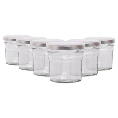 Image of Argon Tableware Glass Jam Jars with Airtight Silver Lids 90ml Pack of 6 Empty Screw Top Kitchen Storage Jar for Food, Honey, Spice, Pickling, Preserving, Candle Making