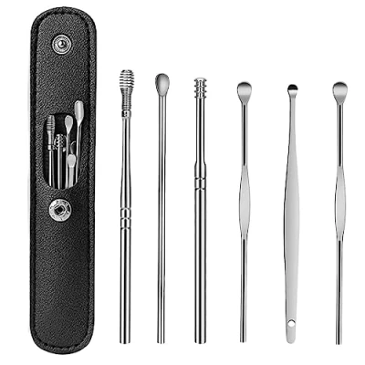 Image of Ear Wax Removal Kit, 6 Pcs Stainless Steel Spoon Cleaner,Reusable Remover Set With Leather Storage Case for Personal and Home Use Cleaner Tools (black)