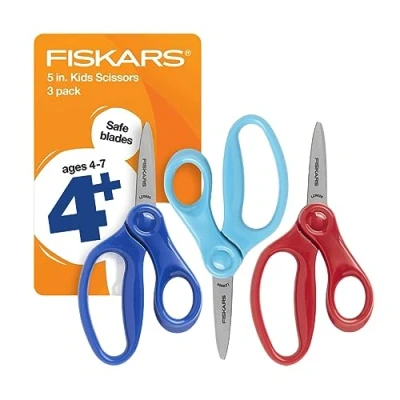 Image of Fiskars Kids, Pointed Tip Scissors, 5 Inch, 3 Pack, 100% Polyester, Blue, Turquoise, Red, Pack of