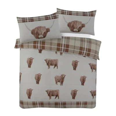 Image of CnA Stores Highland Cow Double Duvet Cover Set Reversible Bedding Natural