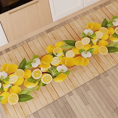 Image of PETTI Artigiani Italiani Kitchen Rug Runner Non Slip and Washable 52x380 cm Lemon Design 100% Made in Italy