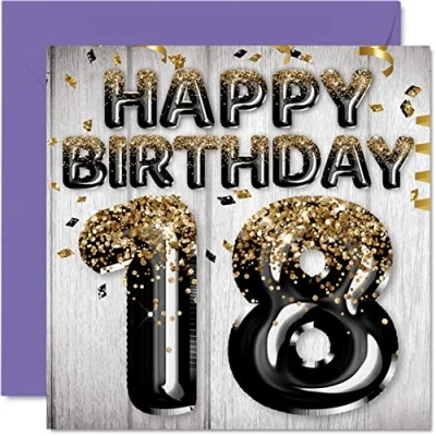 Image of 18th Birthday Card for Men Black &amp; Gold Glitter Balloons Happy Cards 18 Year Old Man Son Brother Uncle Cousin, 145mm x Eighteen Eighteenth Bday Greeting Gift