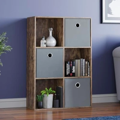 Image of Vida Designs Durham Cube Bookcase Storage Organiser Living Room Bookshelf Home Office Furniture (6 &amp; 3 Grey Baskets, Dark Wood)