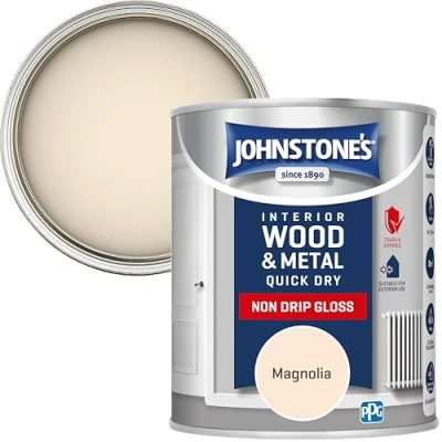 Image of Johnstone&#039;s Quick Dry Gloss Magnolia Finish Water Based Interior Wood &amp; Metal Radiator Paint Low Odour in 1 2 Hours 8m2 Coverage per Litre 0.75 L