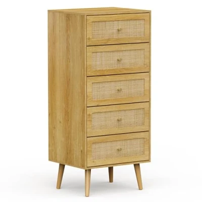 Image of VonHaus Tall Chest of Drawers Scandi Style 5 Drawer Natural Rattan Slim with Metal Handle and Tapered Legs Boho Look Boy Storage Bedroom, Cane Narrow