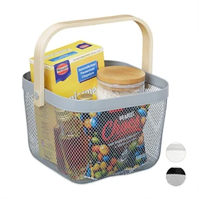 Image of Relaxdays Storage, Handle, Clothes, Deco, Utensil Basket, HBT: 17.5 x 26 24.5 cm, Grey, Steel, Wood, cm
