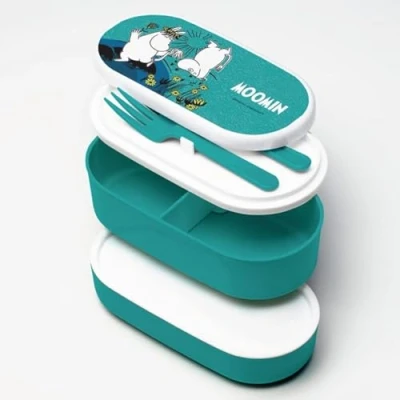 Image of Puckator Moomin Stacked Bento Box Lunch for Adults and Kids with Compartments Fork &amp; Spoon Snack Food Containers Lids Stackable Pots Meal Prep Container