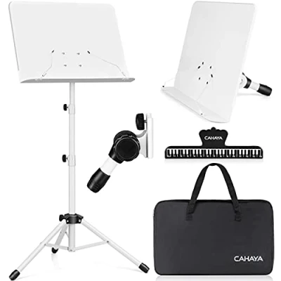 Image of CAHAYA Sheet Music Stand Metal Portable with Carrying Bag, Clip, Projector Stand, Podium Laptop White, Height up to 145 cm, Model CY0194 2