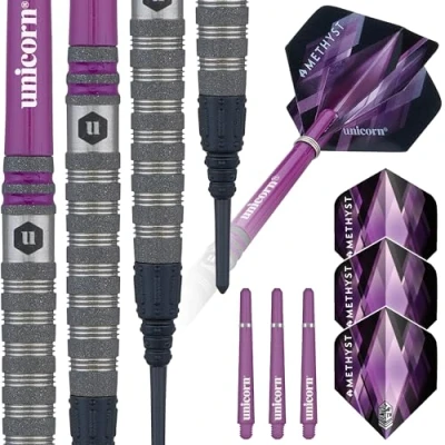 Image of Unicorn Professional Darts Set Amethyst 4 80% Natural Tungsten Gripper Finish Barrels with Purple Accents &amp; Laser Etched U Logo Hallmark Soft Tip Epic Points 19 g