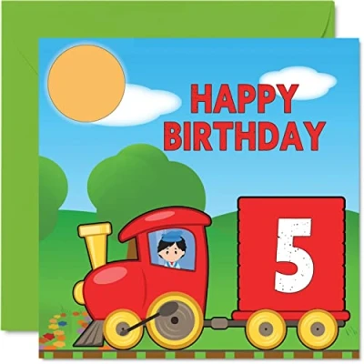 Image of 5th Birthday Card Unisex Train Happy for 5 Year Old Son Daughter Brother Sister Grandson Granddaughter Niece Nephew Cousin, 145mm x Greeting