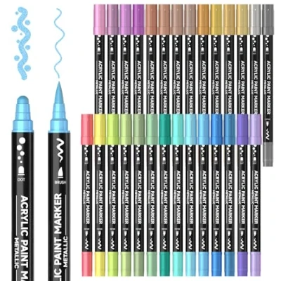 Image of Shuttle Art Dual Tip Metallic Acrylic Paint Pens, 28 Colours Dot &amp; Brush Marker Pens for Rock Painting, Ceramic, Wood, Fabric, Pen Set Kids Adults on Christmas Easter