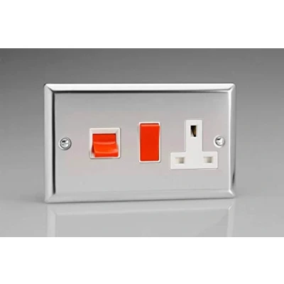 Image of XC45PW Varilight Classic Polished Chrome 45 Amp Cooker Switch and 13 Switched Plug Socket White Insert