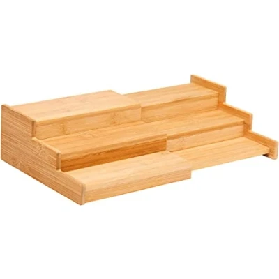 Image of MantraRaj Bamboo Expandable Spice Rack Organizer 3 Tier Kitchen Cabinet Space Saver Countertop Display Shelf Holder for Pantry, Countertop, Organized