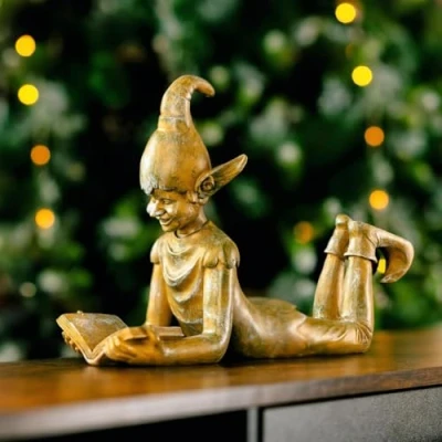 Image of Marco Paul Traditional Christmas Elf Ornament Statue With Hand Painted Bronze Gold Finish Reading Story Ornaments Metal Festive Kids Indoor Outdoor Decoration Figurine