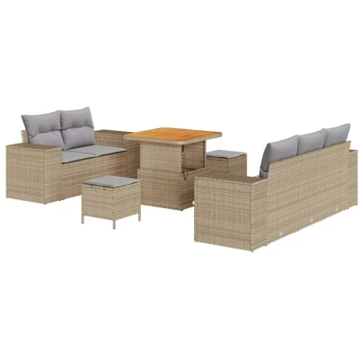 Image of vidaXL 8 Piece Garden Sofa Set with Cushions Beige Poly Rattan Acacia