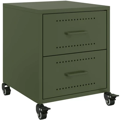 Image of vidaXL Bedside Cabinet Nightstand Table Olive Green Steel, 2 Drawers Bedroom Storage with Wheels, 36 x 39 43.5 cm