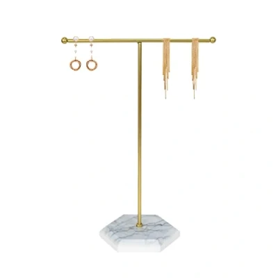 Image of Jewellery Organiser Stand, T Bar Necklace Display Stand Earrings Holder, Metal Hanging Pendant Rack with Marble Pattern Tray, Jewelry for Bracelets Rings Keys Watches (White+Gold)