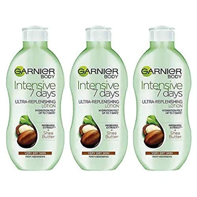 Image of Garnier Intensive 7 Days Shea Butter &amp; Probiotic Extract Body Lotion 400ml x Pack of 3, Ultra Replenishing Soothing Moisturiser, Up to Hydration, For Very Dry Skin, Fast Absorbing Non Greasy