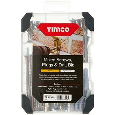 Image of TIMCO Mixed Tray Screws Plug &amp; Drill Bit Yellow 91pcs A Selection of countersunk, zinc Plated and passivated woodscrews with Nylon Plugs for Fixing to Masonry
